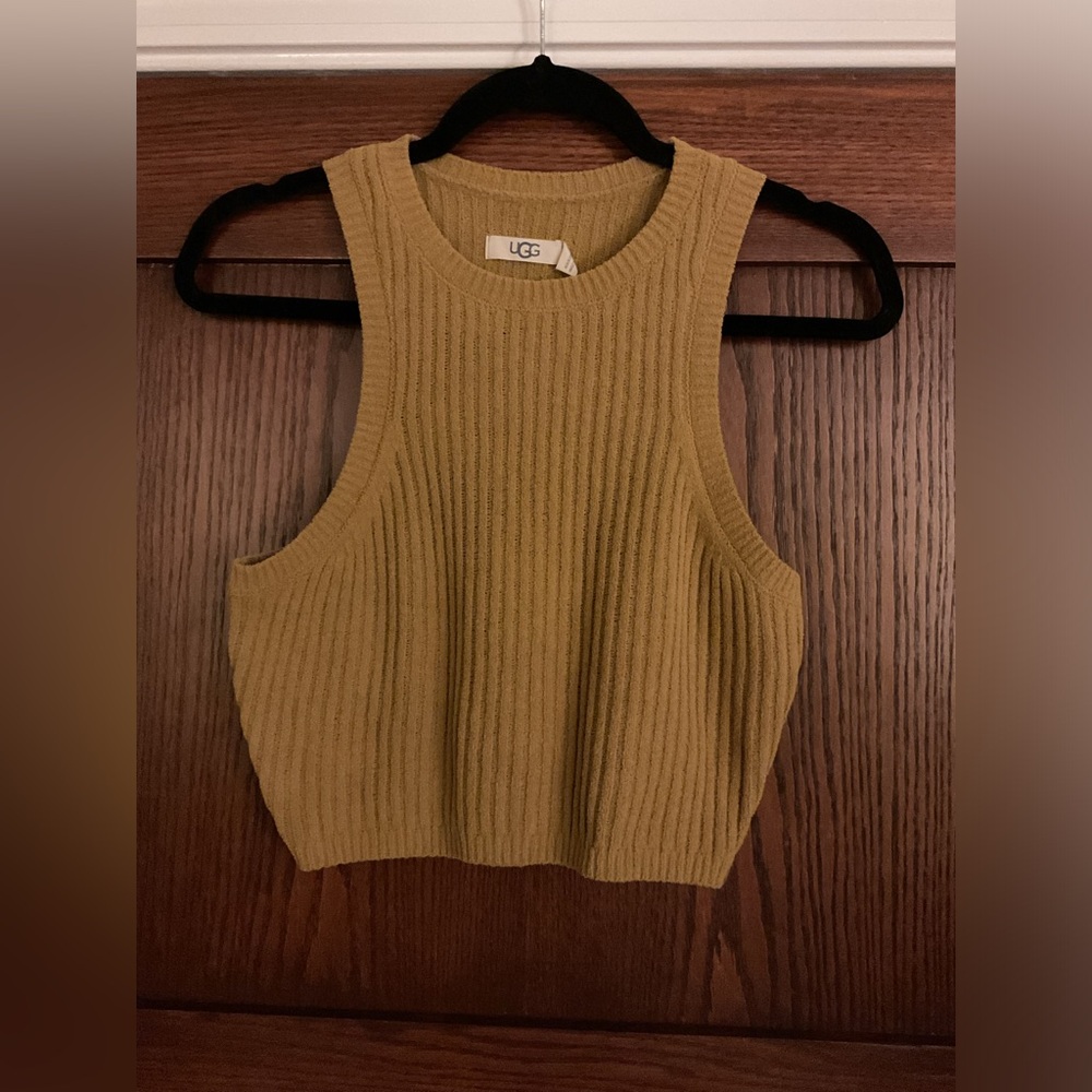 NWT UGG Elaenia Ribbed Crop Tank Top Bright Olive Green/Tan Small S Cozy Soft